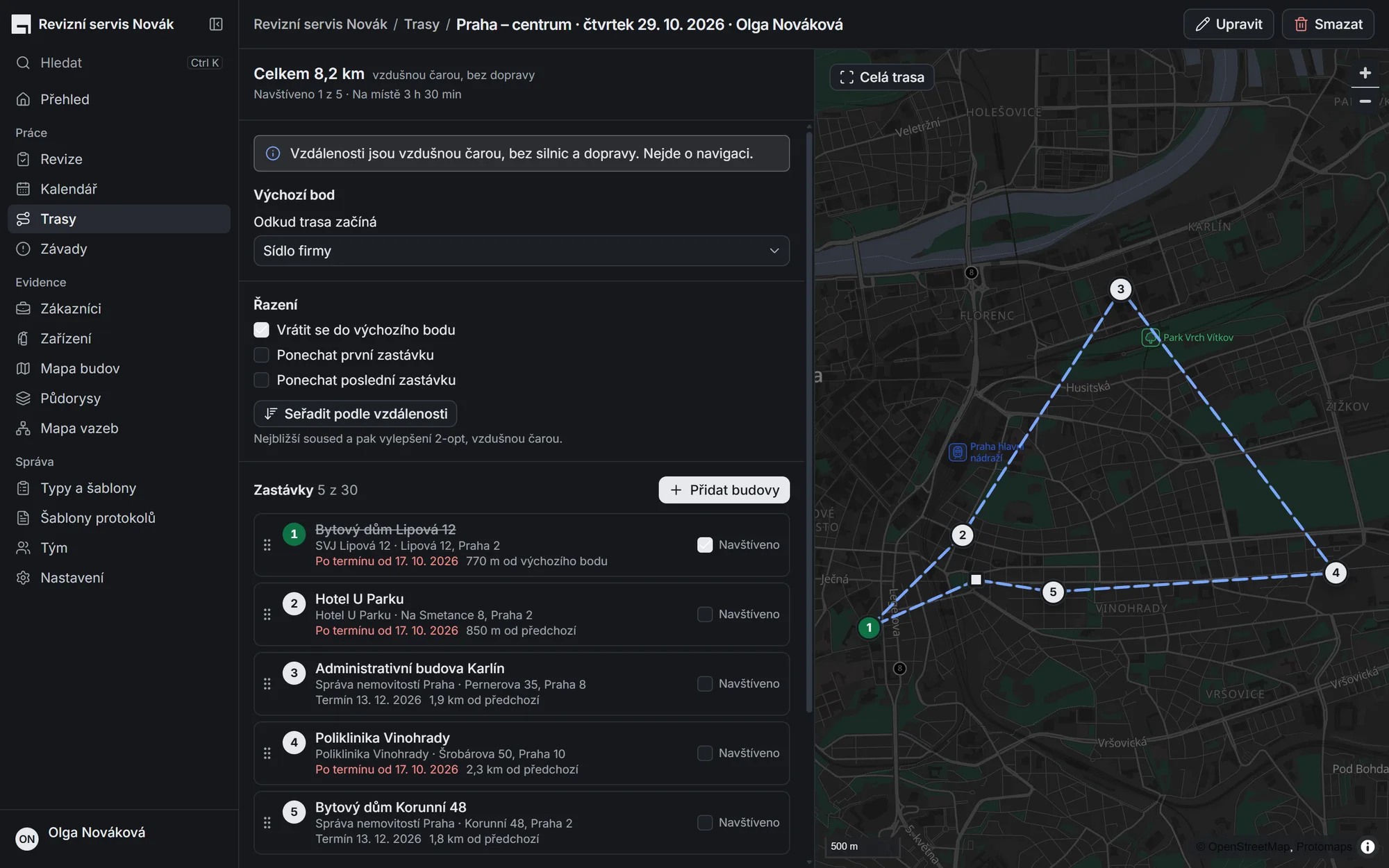 Trasa technika na mapě, seřazená podle vzdálenosti